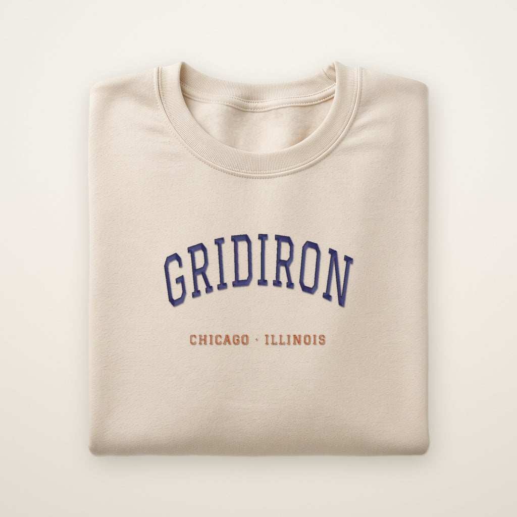 Chicago Football Embroidered Crewneck — Gridiron in Sand, flat lay