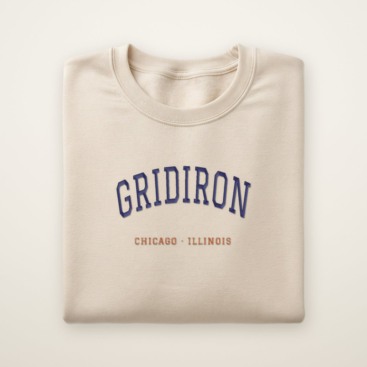 Chicago Football Embroidered Crewneck — Gridiron in Sand, flat lay