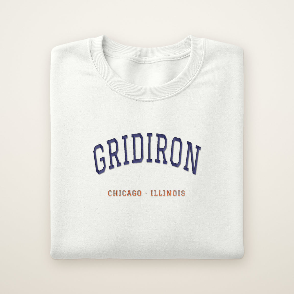 Chicago Football Embroidered Crewneck — Gridiron in White, flat lay