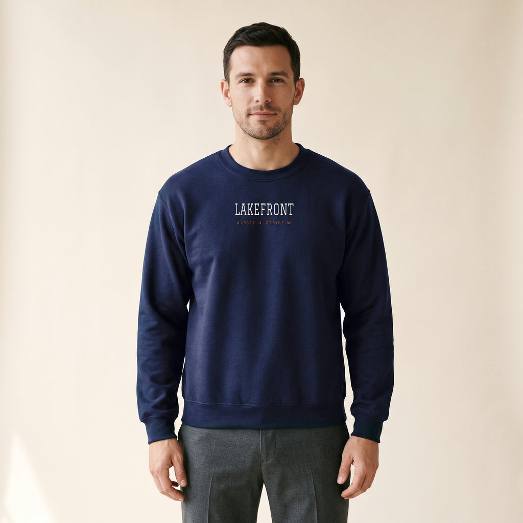 Model wearing the Chicago Football Lakefront Coordinates embroidered crewneck