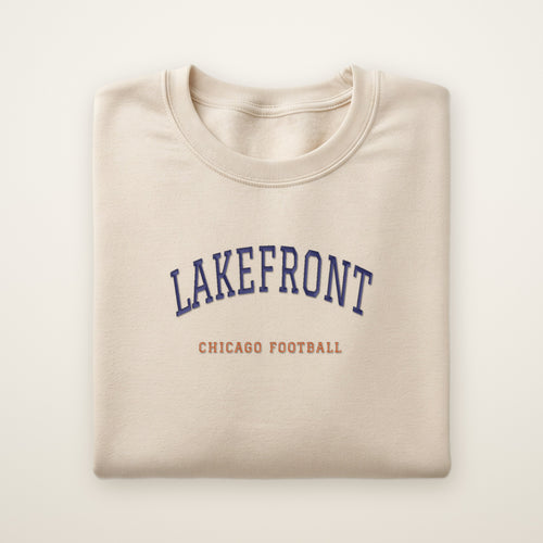 Chicago Football Embroidered Crewneck — Lakefront in Sand, flat lay