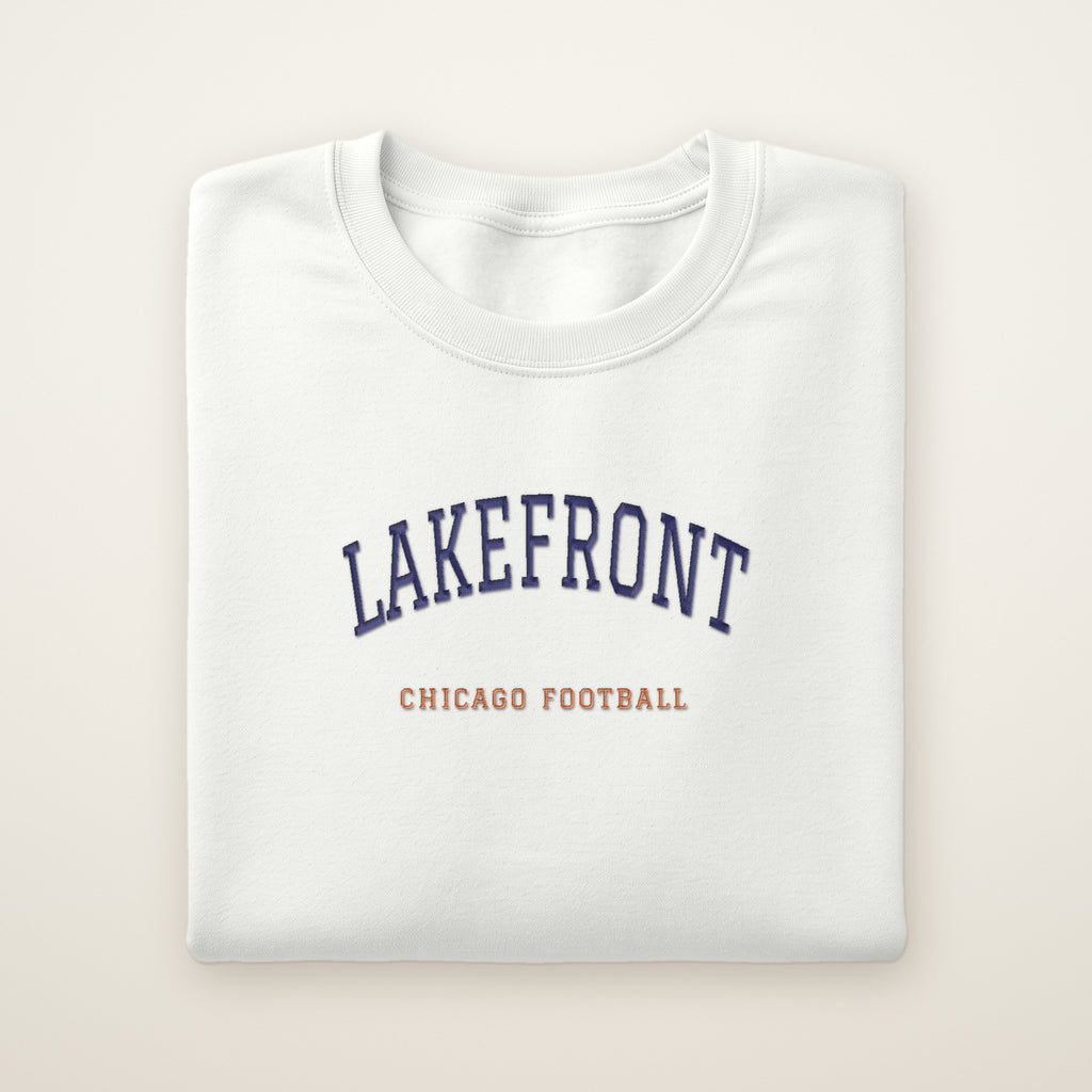 Chicago Football Embroidered Crewneck — Lakefront in White, flat lay