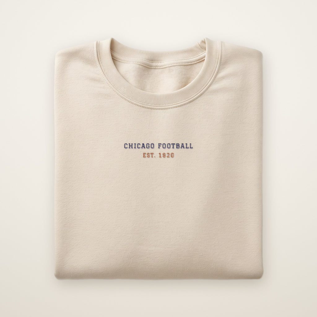 Chicago Football Embroidered Crewneck — Minimal in Sand, flat lay