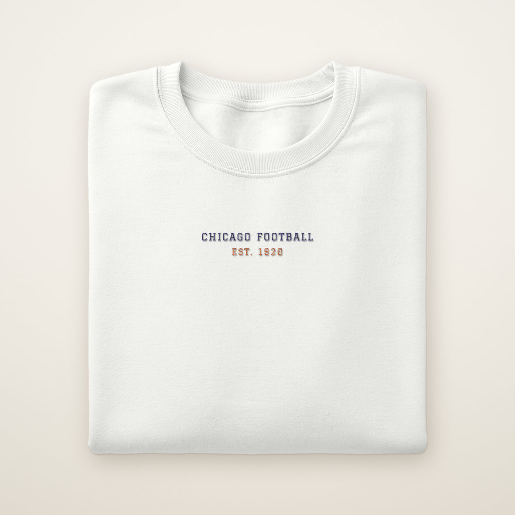 Chicago Football Embroidered Crewneck — Minimal in White, flat lay