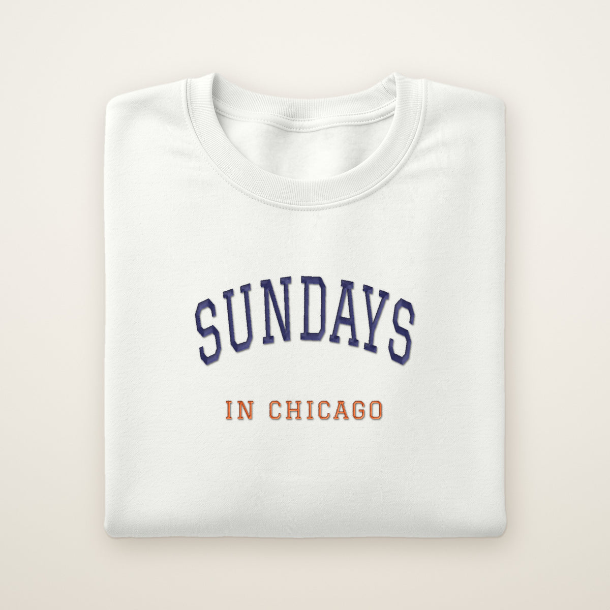 Chicago Football Embroidered Crewneck — Sundays in Chicago in White, flat lay
