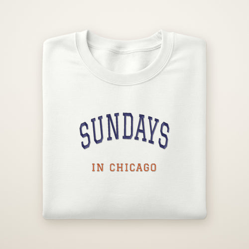 Chicago Football Embroidered Crewneck — Sundays in Chicago in White, flat lay