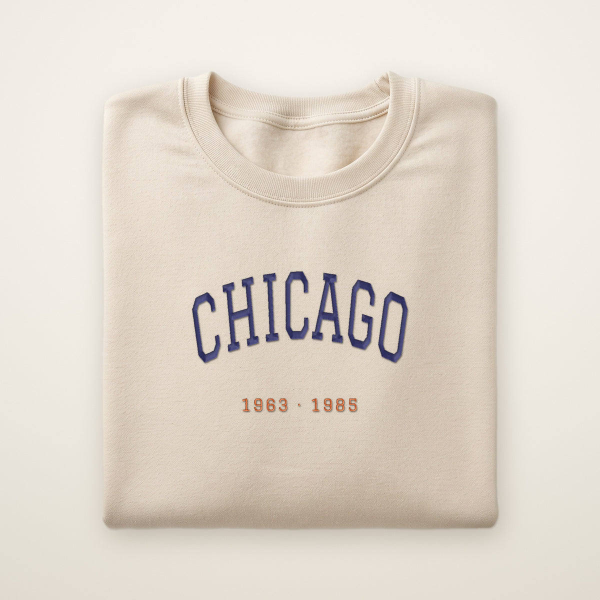 Chicago Football Embroidered Crewneck — Title Years in Sand, flat lay