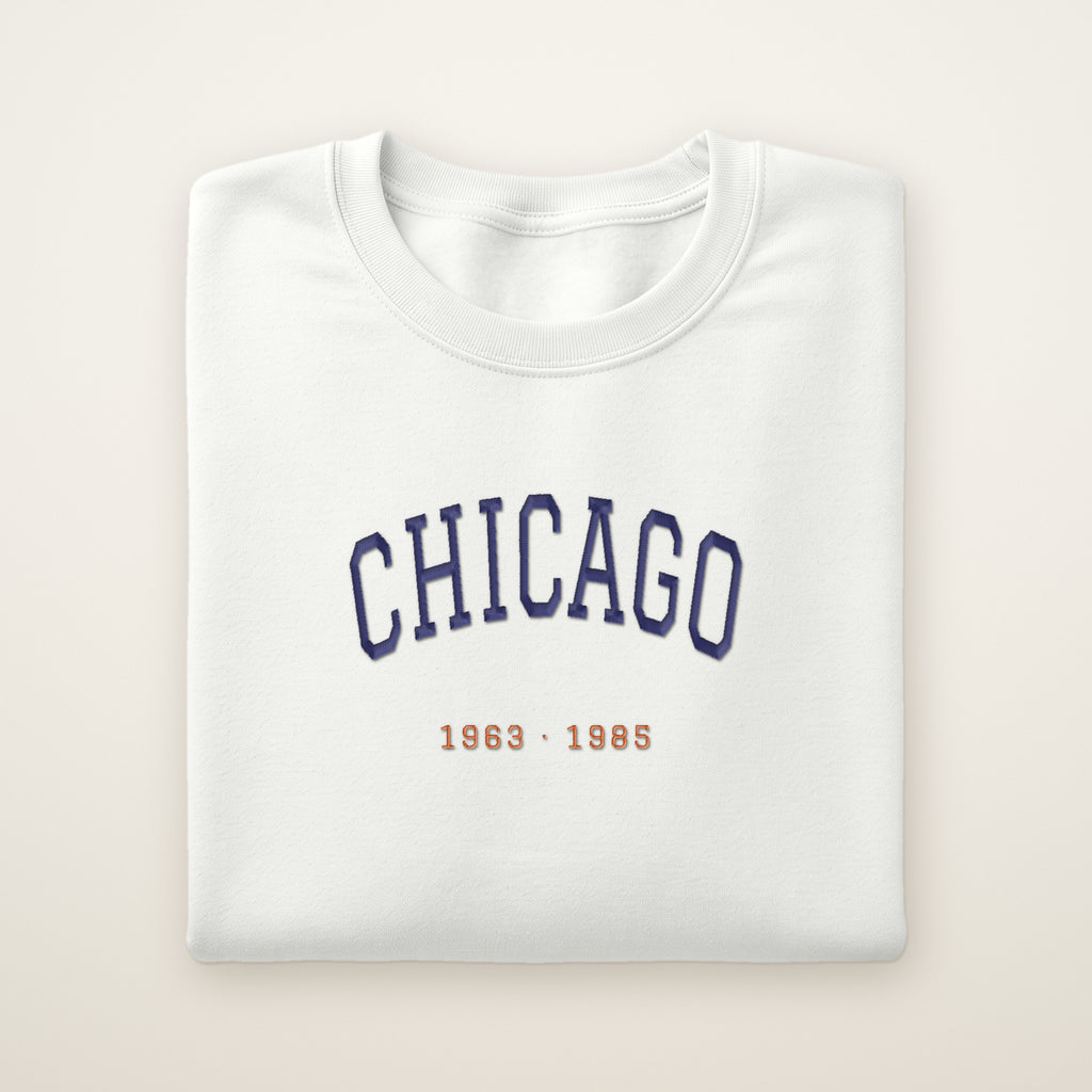 Chicago Football Embroidered Crewneck — Title Years in White, flat lay