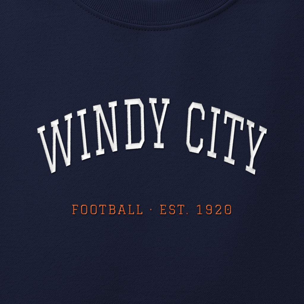 Close-up of the white & orange satin-stitch Windy City embroidery