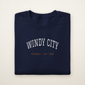 Chicago Football Embroidered Crewneck — Windy City in Navy, flat lay
