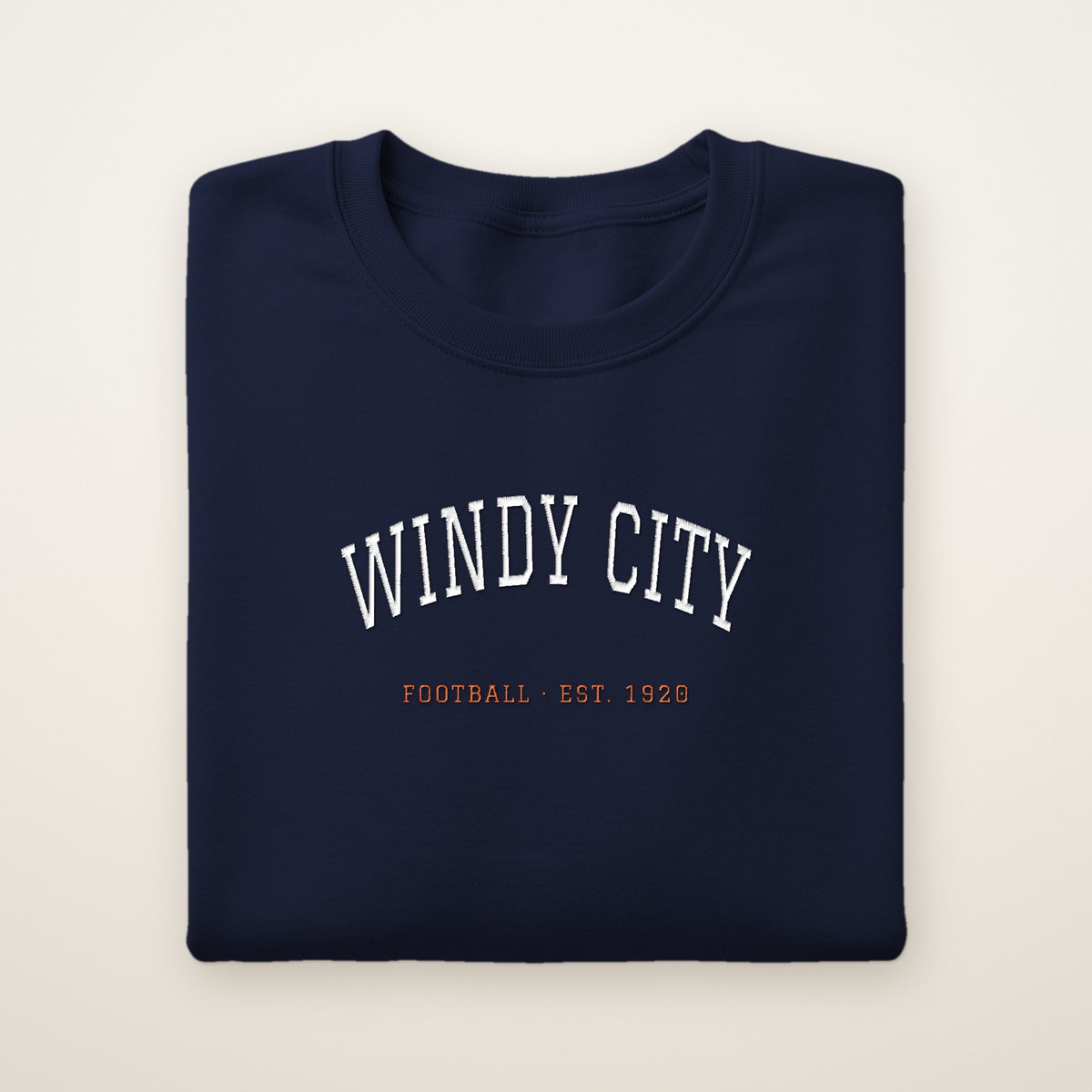 Chicago Football Embroidered Crewneck — Windy City in Navy, flat lay