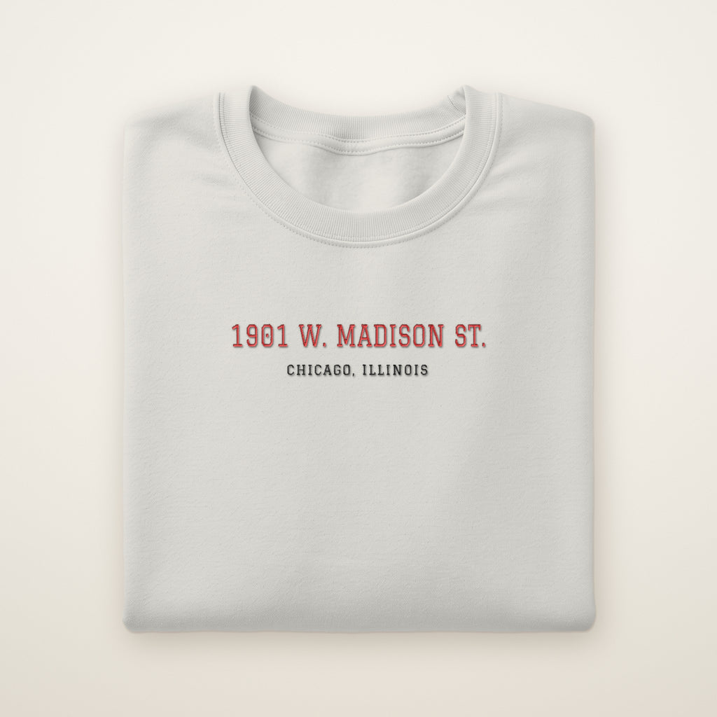 Chicago Hockey Embroidered Crewneck — 1901 W. Madison St. in Ash, flat lay