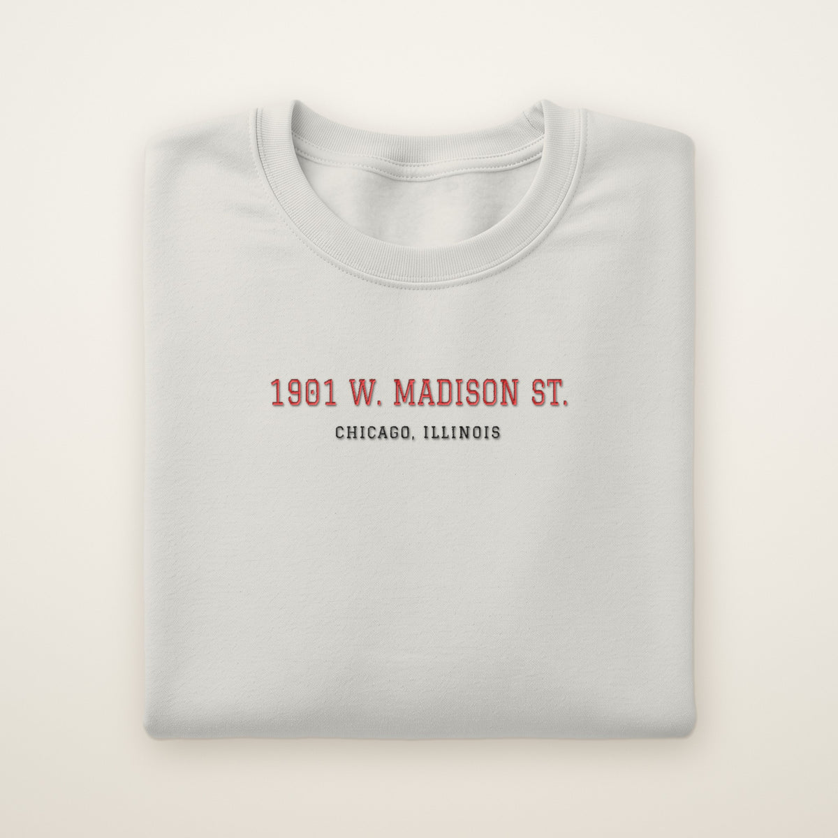 Chicago Hockey Embroidered Crewneck — 1901 W. Madison St. in Ash, flat lay
