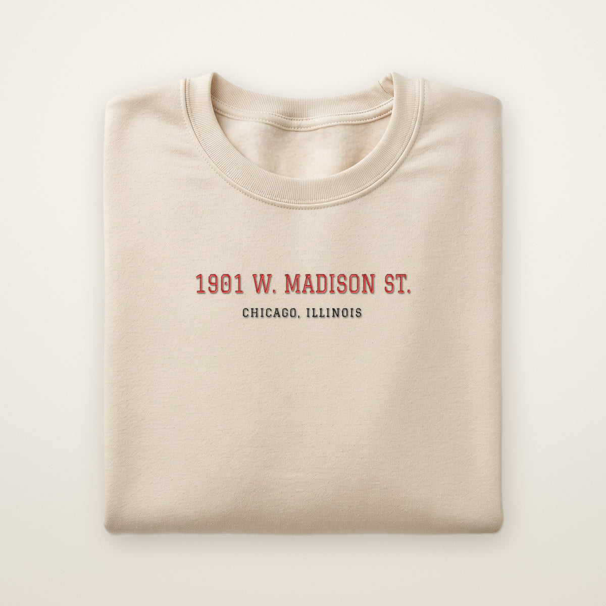 Chicago Hockey Embroidered Crewneck — 1901 W. Madison St. in Sand, flat lay