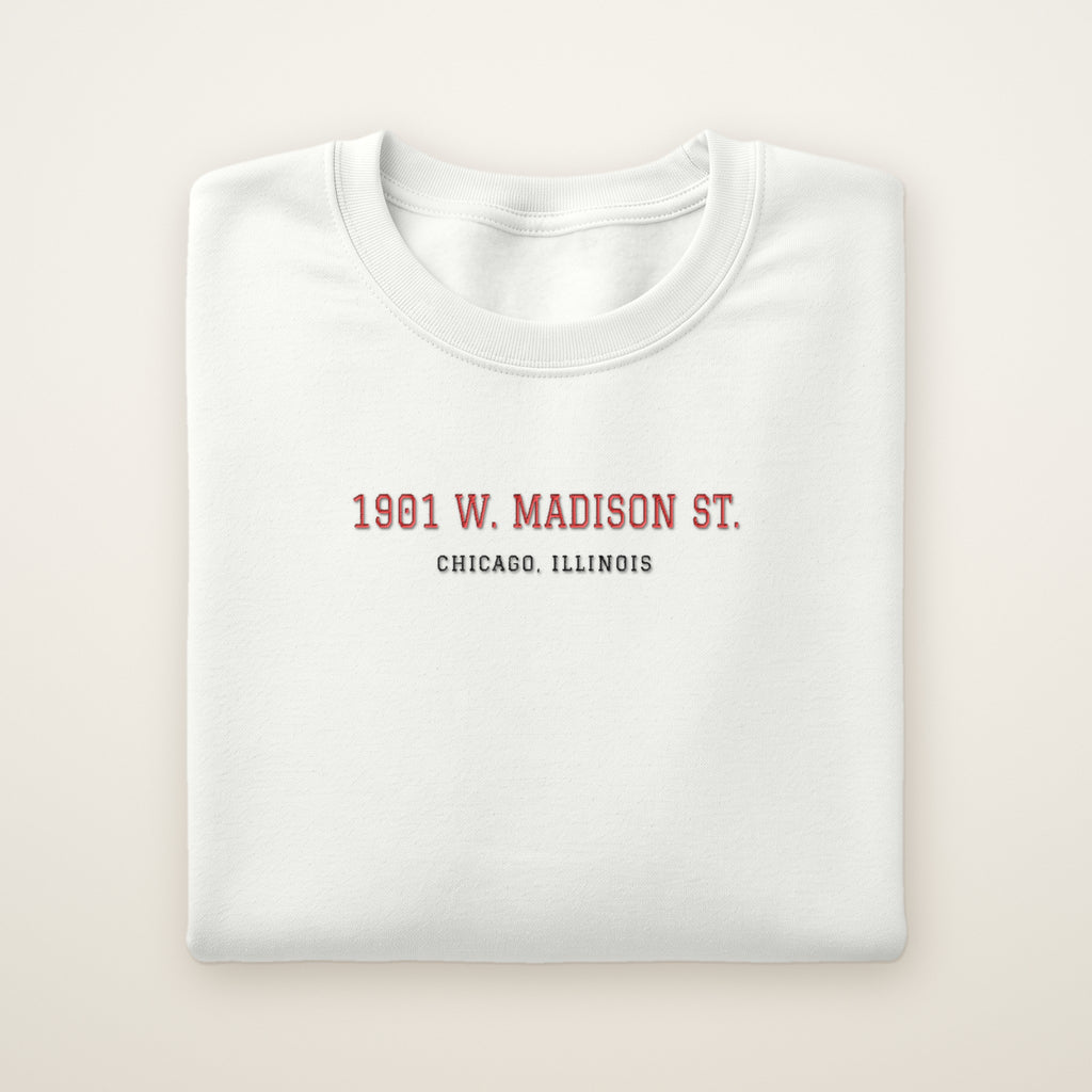 Chicago Hockey Embroidered Crewneck — 1901 W. Madison St. in White, flat lay