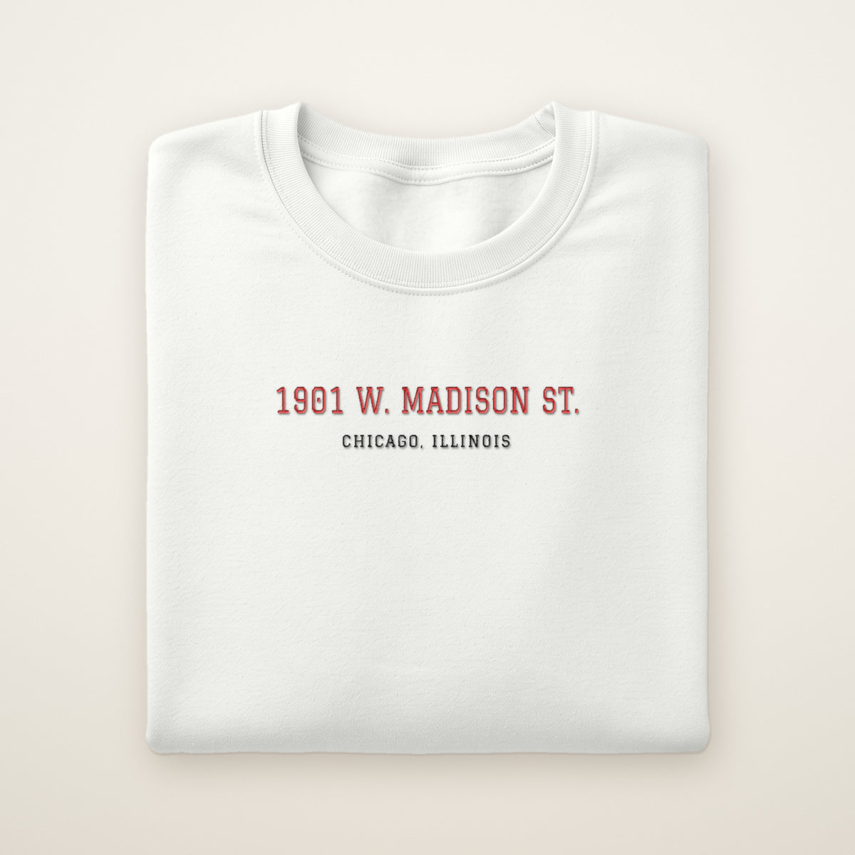 Chicago Hockey Embroidered Crewneck — 1901 W. Madison St. in White, flat lay