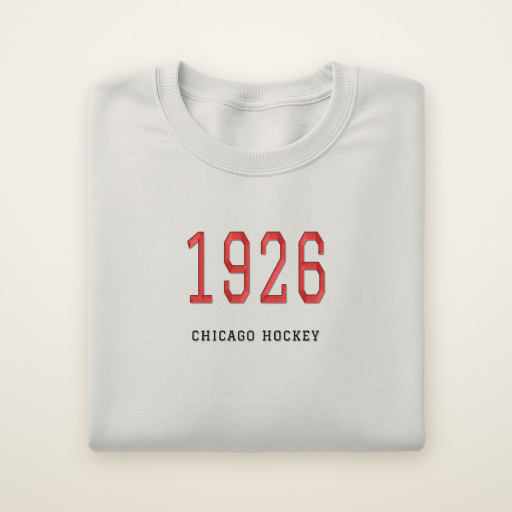 Chicago Hockey Embroidered Crewneck — 1926 in Ash, flat lay