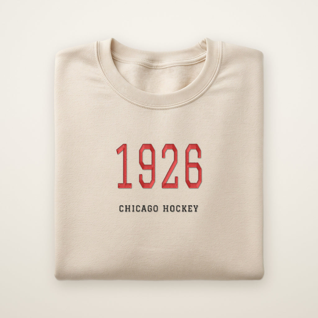 Chicago Hockey Embroidered Crewneck — 1926 in Sand, flat lay