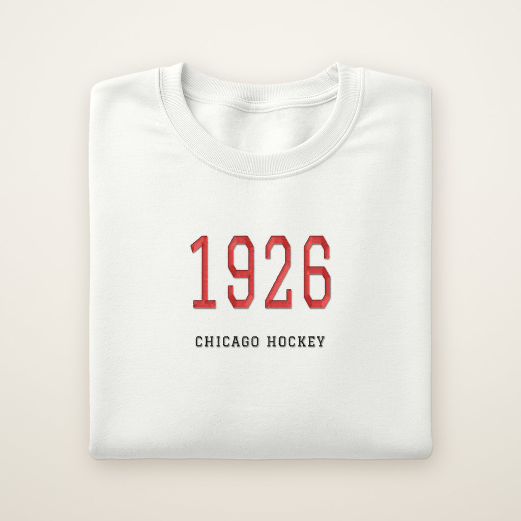 Chicago Hockey Embroidered Crewneck — 1926 in White, flat lay