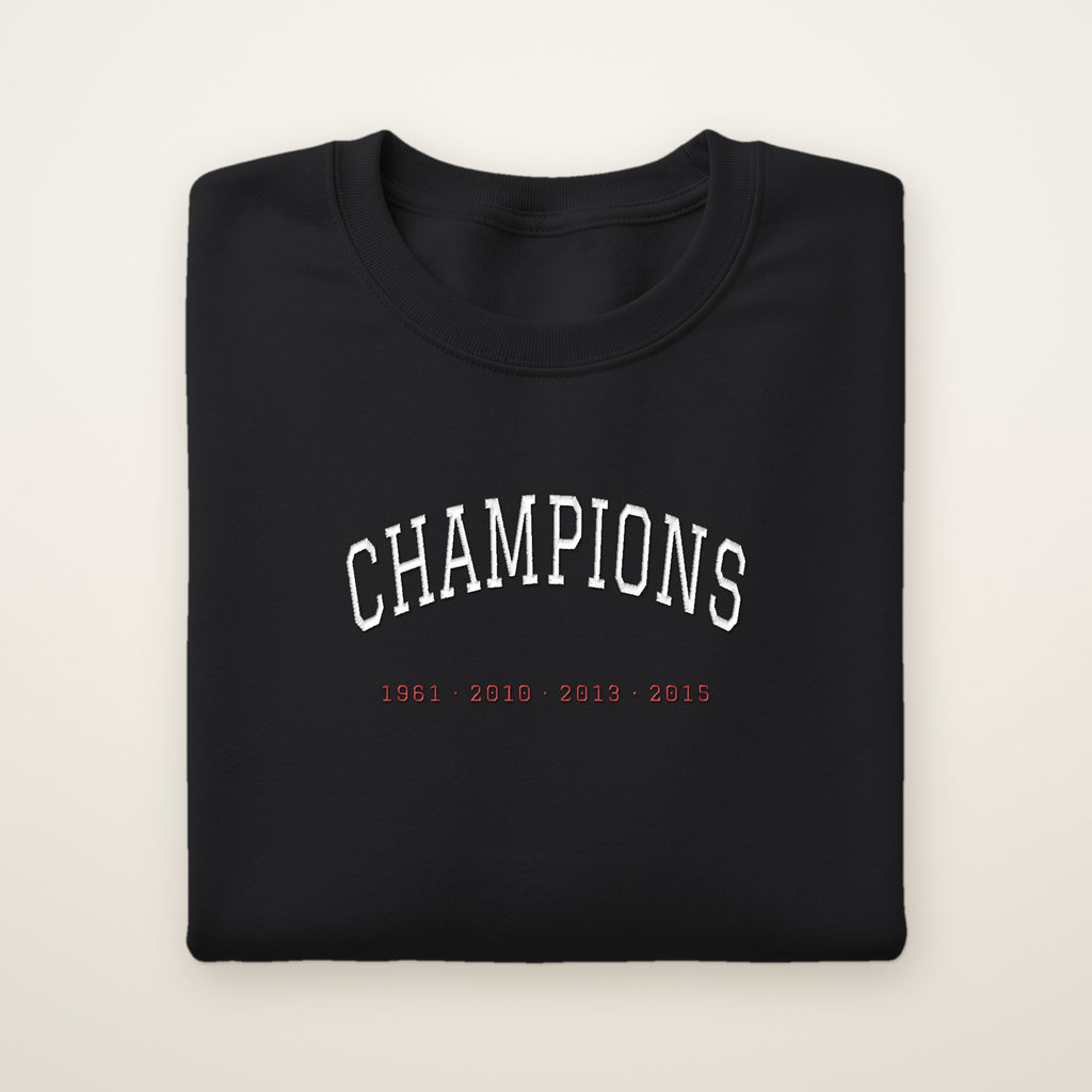 Chicago Hockey Embroidered Crewneck — Champions in Black, flat lay