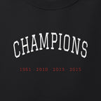 Close-up of the white & red satin-stitch Champions embroidery