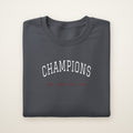 Chicago Hockey Embroidered Crewneck — Champions in Dark Heather, flat lay