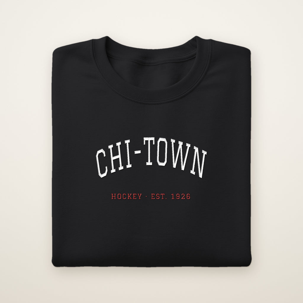 Chicago Hockey Embroidered Crewneck — Chi-Town in Black, flat lay