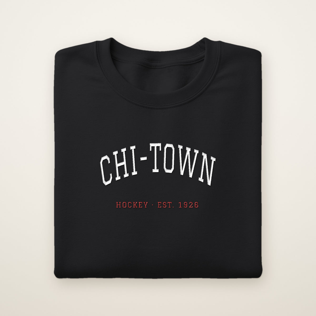Chicago Hockey Embroidered Crewneck — Chi-Town in Black, flat lay
