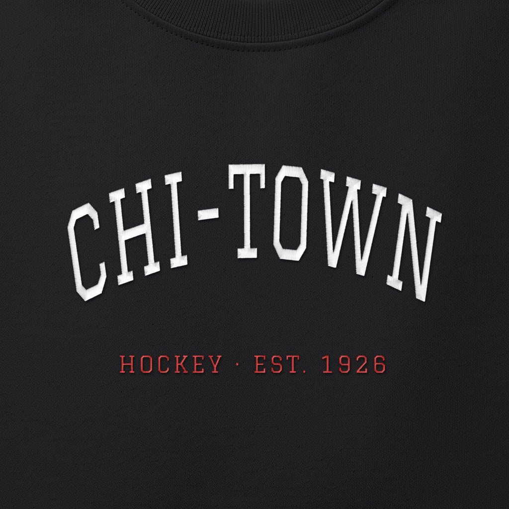 Close-up of the white & red satin-stitch Chi-Town embroidery