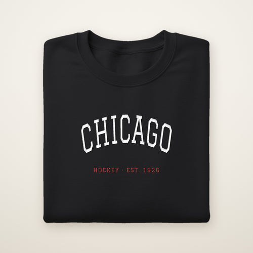 Chicago Hockey Embroidered Crewneck — Chicago Arch in Black, flat lay