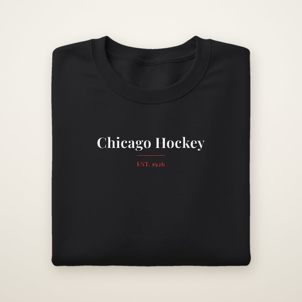 Chicago Hockey Embroidered Crewneck — Classic Serif in Black, flat lay
