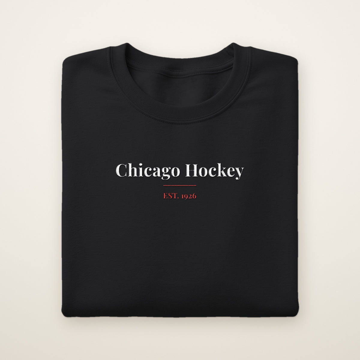 Chicago Hockey Embroidered Crewneck — Classic Serif in Black, flat lay