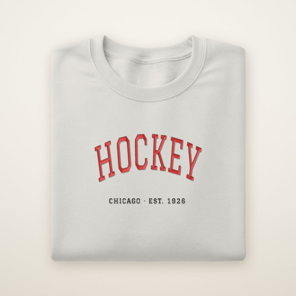 Chicago Hockey Embroidered Crewneck — Est. 1926 in Ash, flat lay