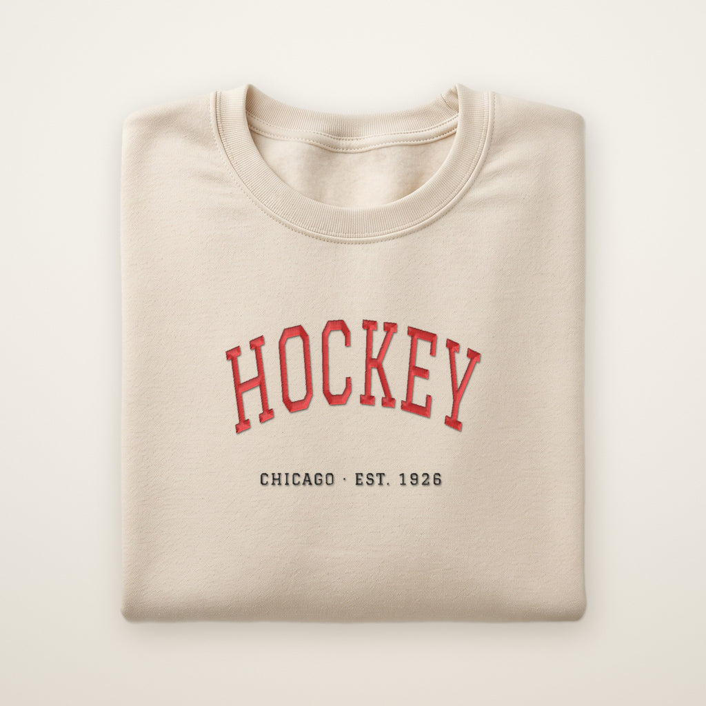 Chicago Hockey Embroidered Crewneck — Est. 1926 in Sand, flat lay