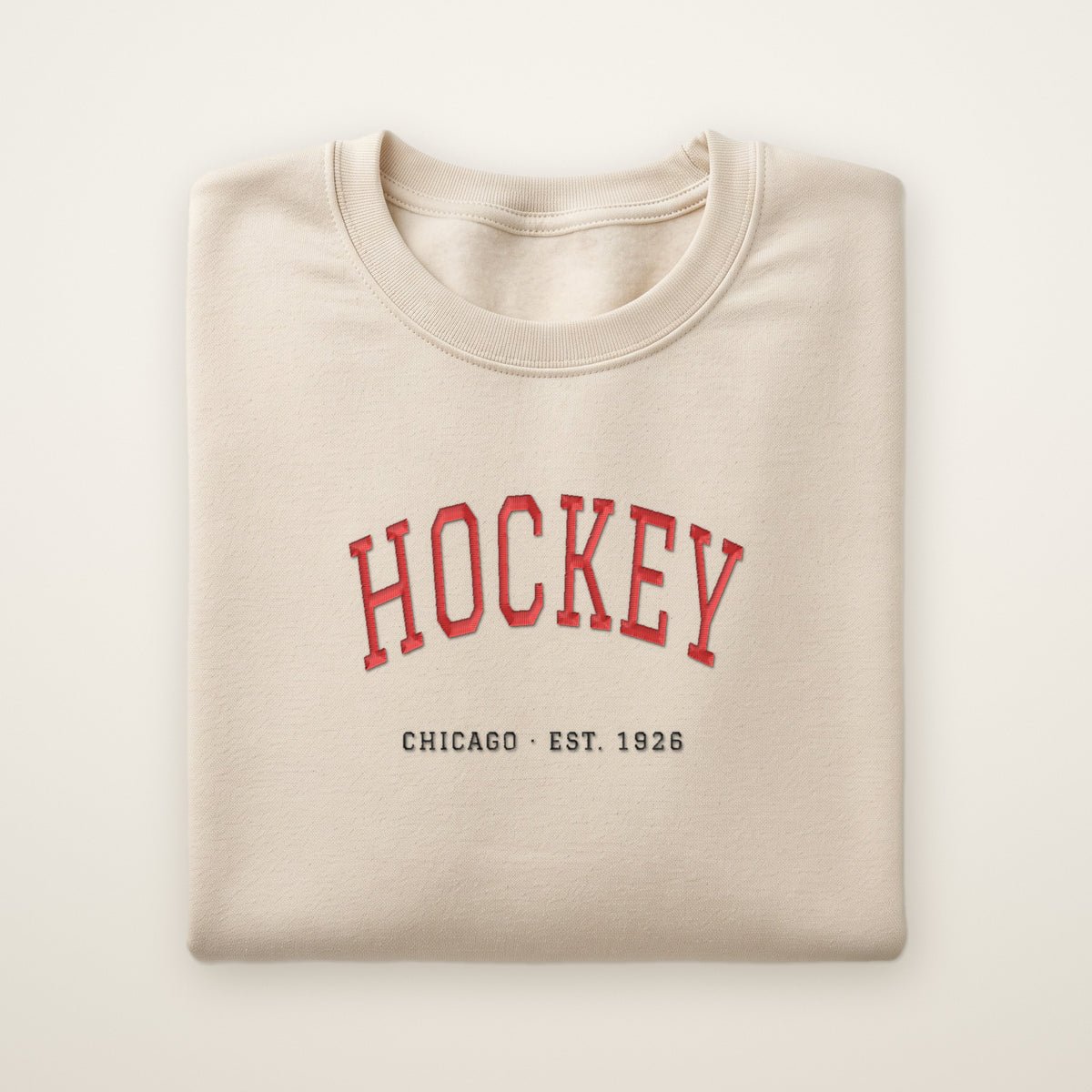 Chicago Hockey Embroidered Crewneck — Est. 1926 in Sand, flat lay