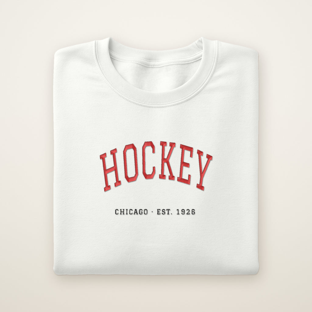 Chicago Hockey Embroidered Crewneck — Est. 1926 in White, flat lay
