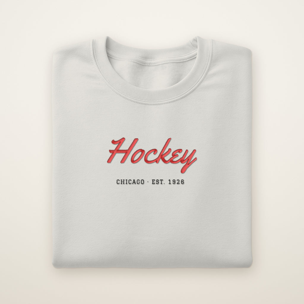 Chicago Hockey Embroidered Crewneck — Hockey Script in Ash, flat lay