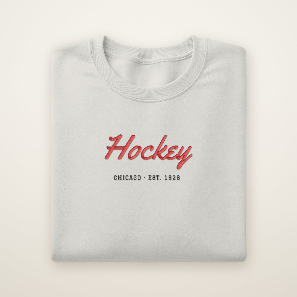 Chicago Hockey Embroidered Crewneck — Hockey Script in Ash, flat lay
