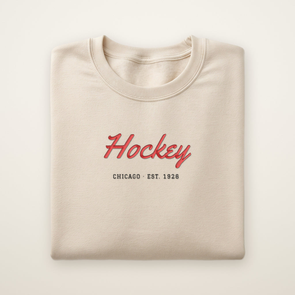 Chicago Hockey Embroidered Crewneck — Hockey Script in Sand, flat lay
