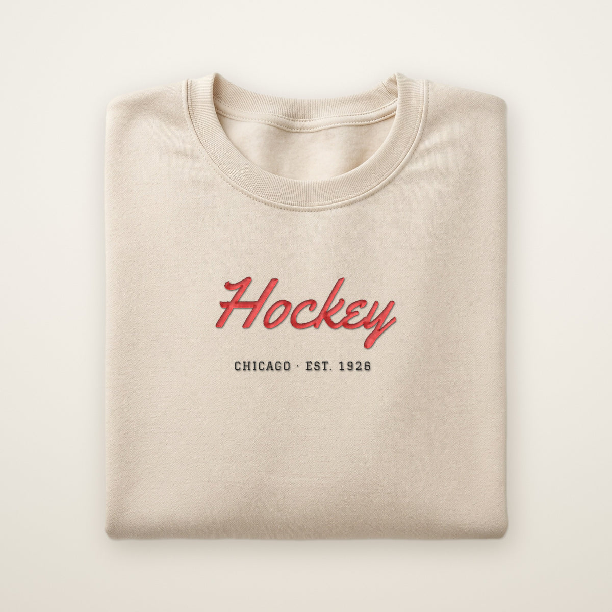 Chicago Hockey Embroidered Crewneck — Hockey Script in Sand, flat lay