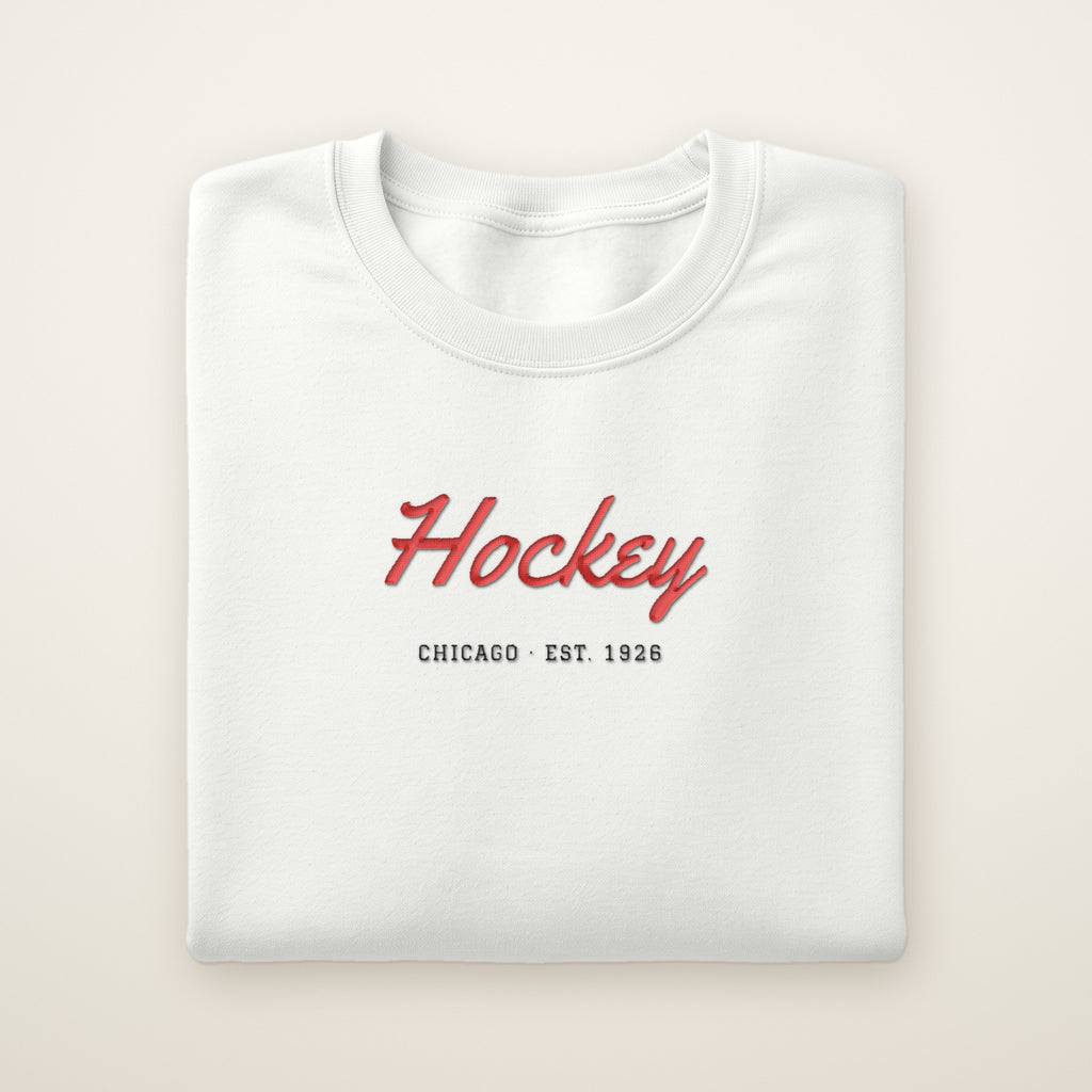 Chicago Hockey Embroidered Crewneck — Hockey Script in White, flat lay