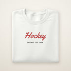 Chicago Hockey Embroidered Crewneck — Hockey Script in White, flat lay