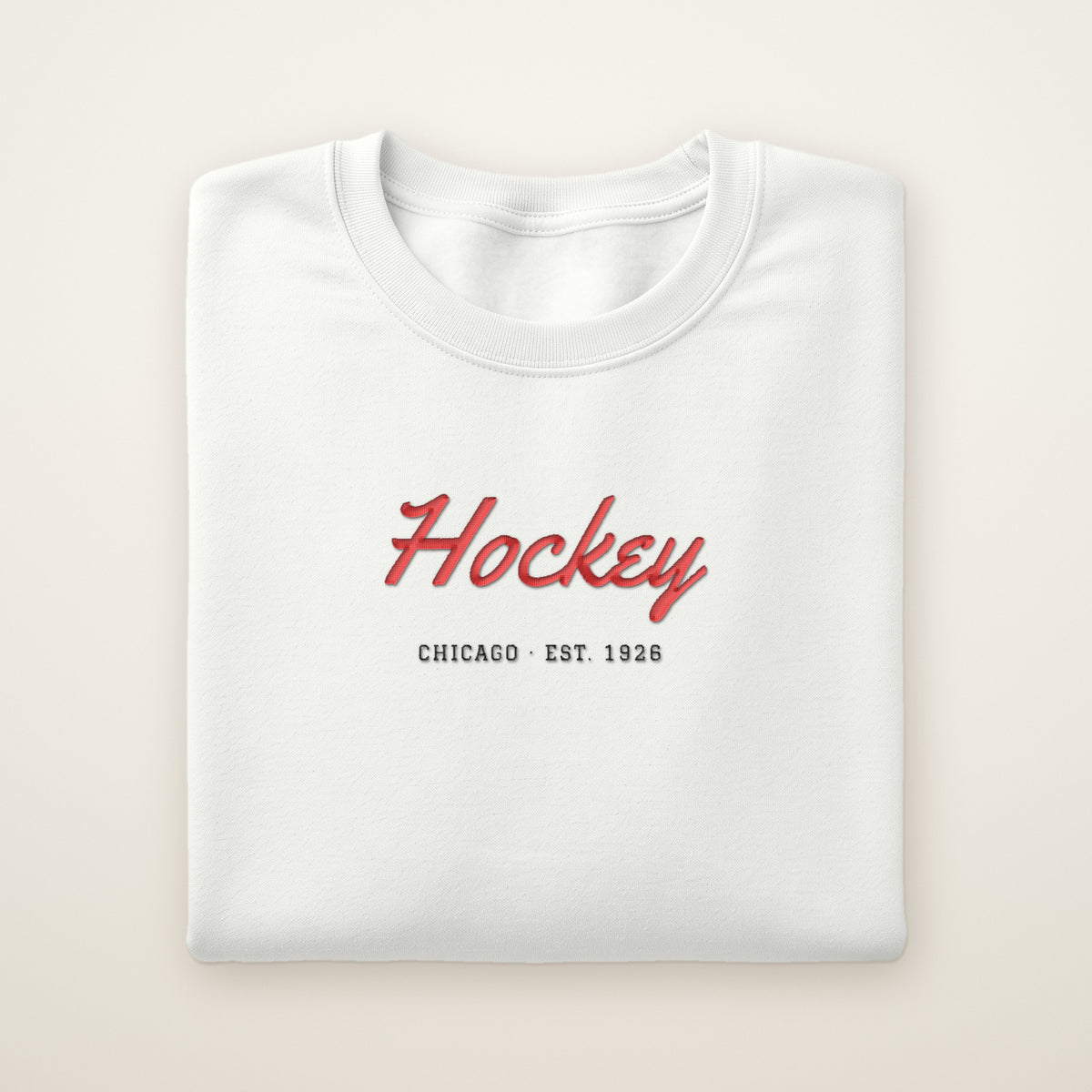 Chicago Hockey Embroidered Crewneck — Hockey Script in White, flat lay