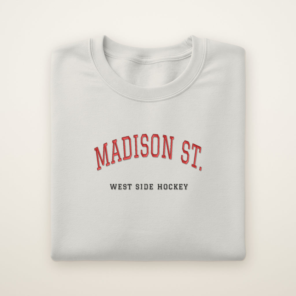 Chicago Hockey Embroidered Crewneck — Madison St. in Ash, flat lay