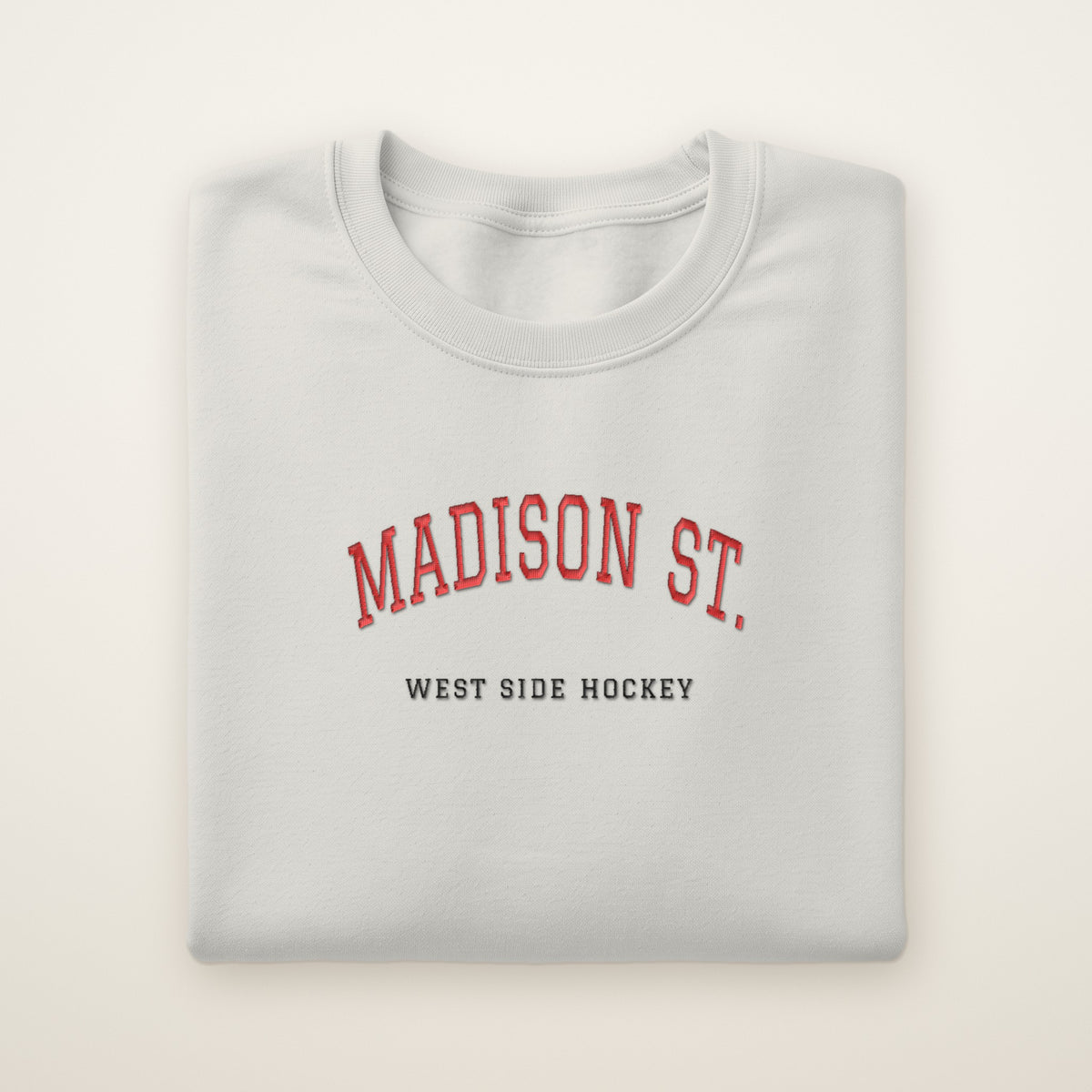 Chicago Hockey Embroidered Crewneck — Madison St. in Ash, flat lay