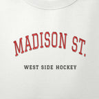Close-up of the red & black satin-stitch Madison St. embroidery