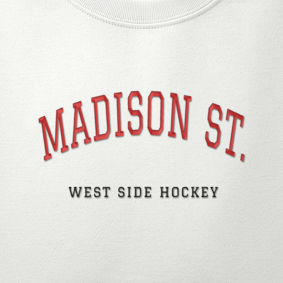 Close-up of the red & black satin-stitch Madison St. embroidery
