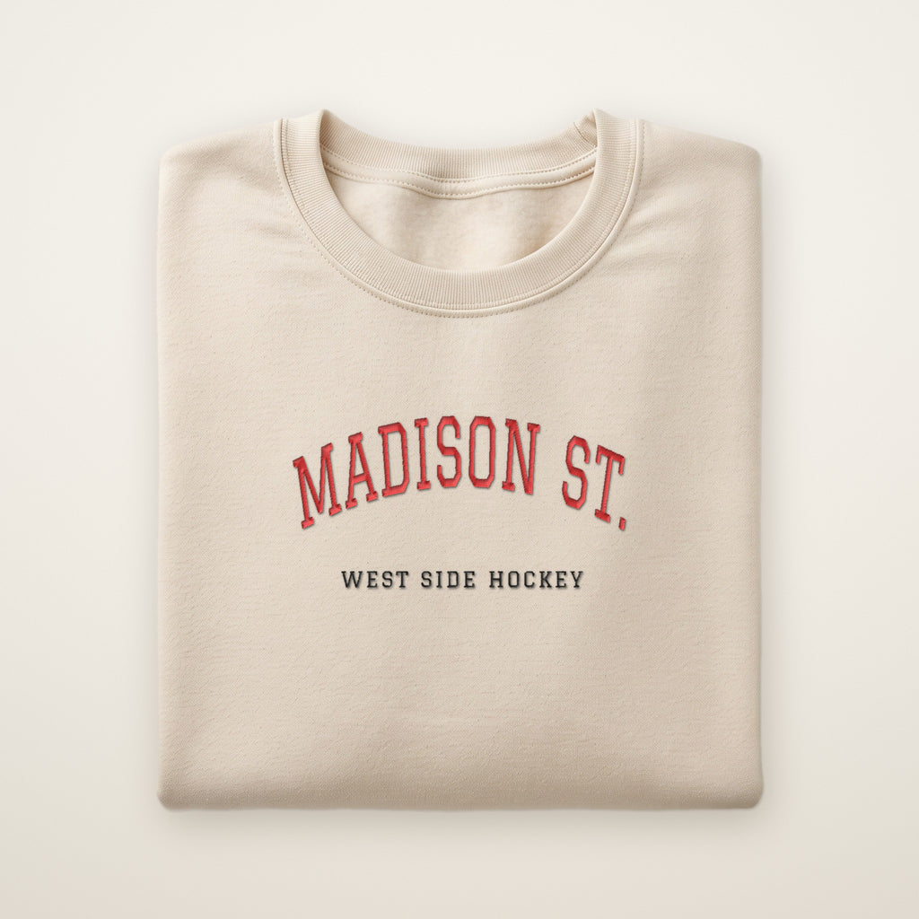 Chicago Hockey Embroidered Crewneck — Madison St. in Sand, flat lay