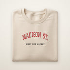 Chicago Hockey Embroidered Crewneck — Madison St. in Sand, flat lay