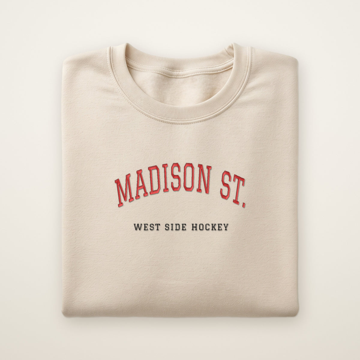 Chicago Hockey Embroidered Crewneck — Madison St. in Sand, flat lay